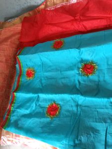 Blue with Red Floral Design ChanderiCotton Saree