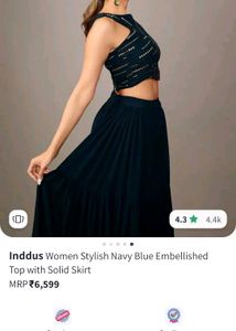 Navy Blue Embellished Crop Top Skirt Set