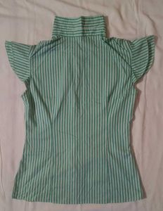 Stylish Green Striped Ruffle Sleeve Top