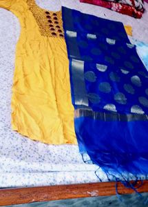 Elegant Blue Silk Suit And Free Saree