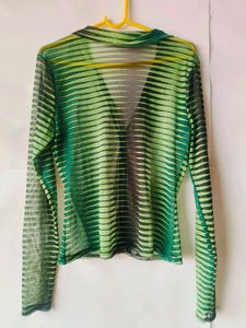 Prettylittlething y2k gren&amp;black stripe mesh shirt