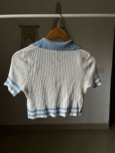 White &amp; Blue Knitted  Polo Crop Top