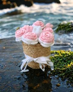 Crocheted Rose Bouquet in Basket