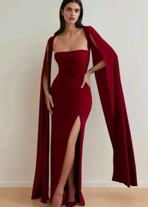 Elegant Maroon Extended Cape Sleeve Maxi Dress