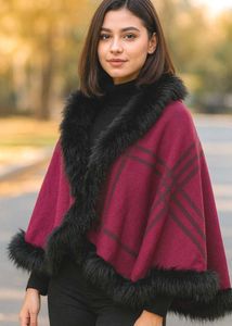 Luxury Stylish Pink Plum cape shawl with Black fur