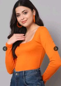 Orange Square Neck Long Sleeve Top