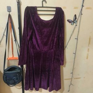 Purple Velvet Long Sleeve Dress Knee Length