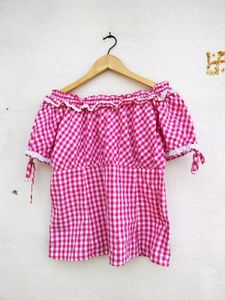 Pink Gingham Off-Shoulder Top