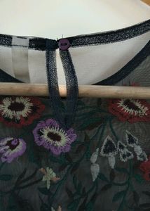 Black Floral Embroidered Mesh  Top