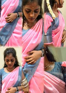 Elegant Pink &amp; Gray Silk Saree