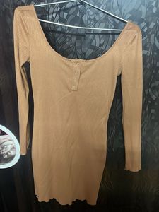 Brown Ribbed Bodycon Mini Dress