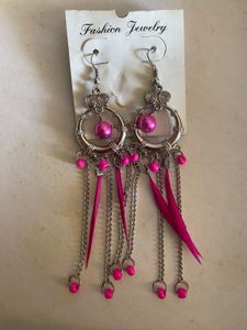 New Pink Boho Dangler Earrings with Chains &amp; Beads