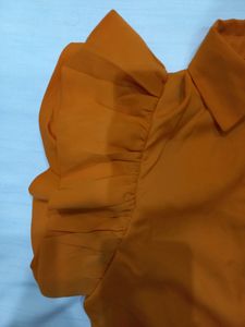Orange Ruffle Sleeve Button-Down Top