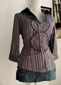 Striped Ruffle Front Blouse