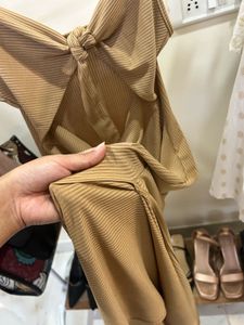 Tan Midi Dress with Tie Detail