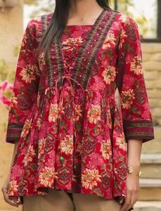 Red Floral Printed Formal Kurtis For Woman