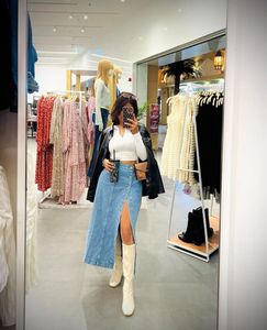 Denim Button-Front Slit Midi Skirt