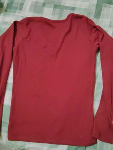 Red V-Neck Ribbed Knit Top