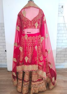 Red With Gold Embroidery Bridal Lehenga (Women&#39;s)