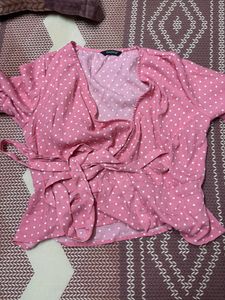 Pink Polka Dots Wrap Around Peplum Top Harpa Retro