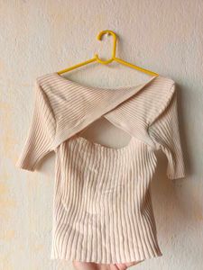 Classy Cream Ribbed Knit Cutout Crop Top