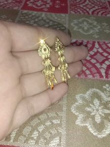 Gold Dangle Earrings with Red Accents