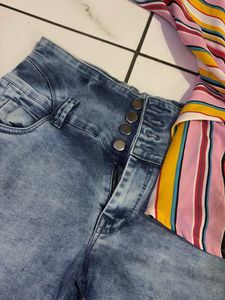 Striped Top &amp; Denim Shorts Set