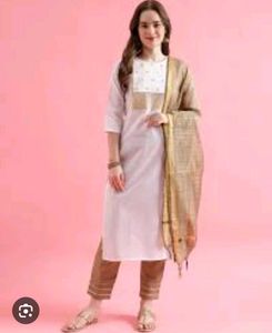 Cotton Blend Sequence Kurta Pant Dupatta Set For W