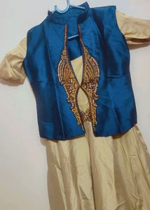 Blue Jacket &amp; Golden Party Wear Dress For Girl