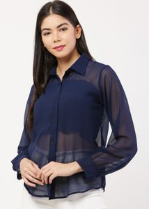 Navy Sheer Button-Down Blouse