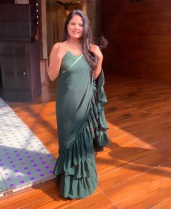 Green Ruffle Saree With Sequin Top