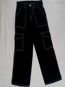Black Contrast Stitch Cargo Pants