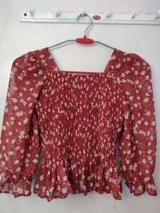 Floral Smocked Red Top