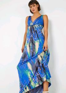 Royal Blue Abstract Print Maxi Stretch Dress