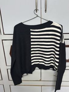 Black &amp; White Striped Cropped Sweater