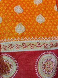 Orange &amp; Red Pure Cotton Saree With Blouse