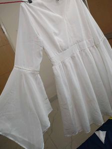 White Solid Bell Sleeves A- Line Dress