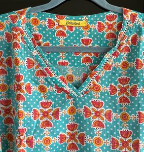 S - 34-36, Global Desi Blue Floral Print Top