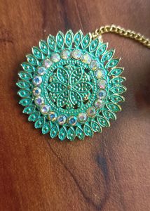 Turquoise Fancy Earrings With Maangtika For Parties