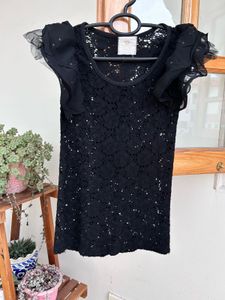 Black Lace Top with Ruffle Sleeves