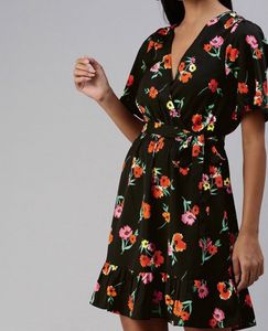 Floral Printed Flared Sleeve Wrap Above Knee Dress