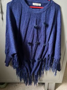 Navy Blue Fringe Poncho