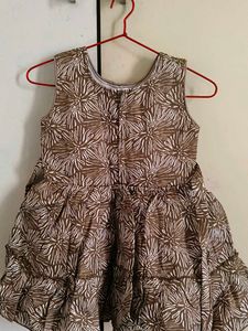 Girls Brown &amp; White Pattern Dress
