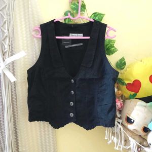 Vintage Embroidered Black Button-Down Vest