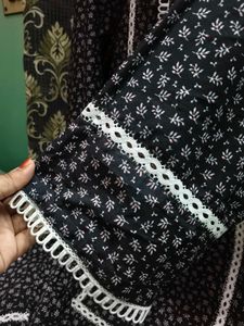Black Printed suit Set with white lace design.