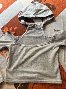 Gray Cold Shoulder Hoodie Top