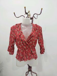 MNG Red Floral Wrap Top