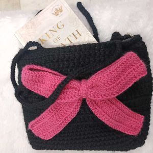 Handmade Black Crochet Tote Bag with Pink Bow❤️