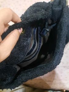 Fuzzy Navy &amp; Gold Studded Shoulder Bag