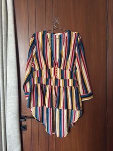 Striped V-Neck High Low Pattern Top